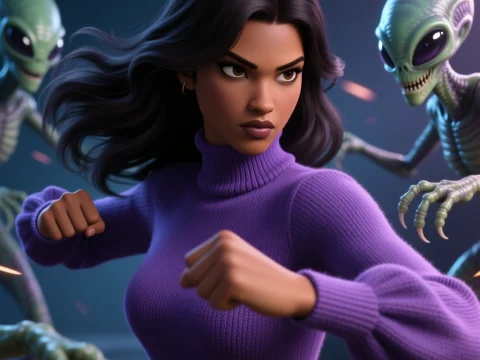 Determined Woman Fighting Aliens in Sci-Fi Scene