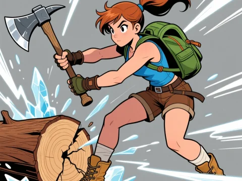 Determined Woman Swinging Axe to Split Log