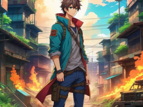Determined Young Hero in Post-Apocalyptic Cityscape