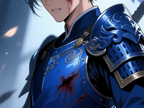 Determined Young Warrior in Blue Armor