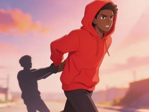 Determined Youth in Red Hoodie Pulled by Shadow