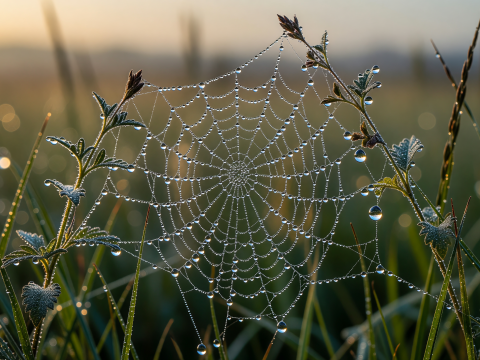 Dew-Covered Spider Web at Dawn