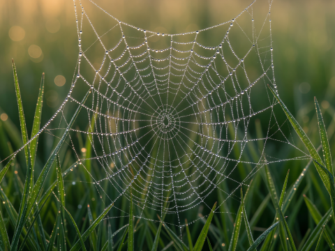 Dew-Covered Spider Web at Dawn