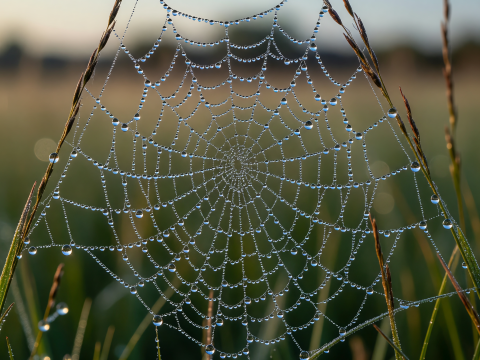 Dew-Covered Spider Web at Dawn in a Meadow