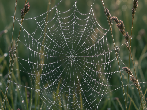 Dew-Covered Spider Web in Early Morning Light