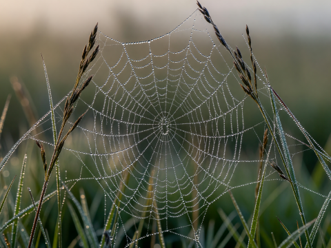 Dew-Covered Spider Web in Early Morning Light
