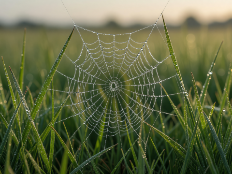 Dew-Covered Spider Web in Morning Grass