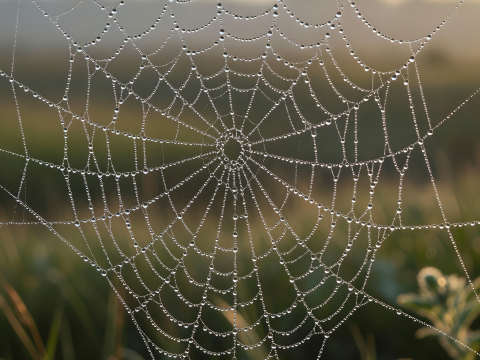 Dew-Covered Spider Web in Morning Light