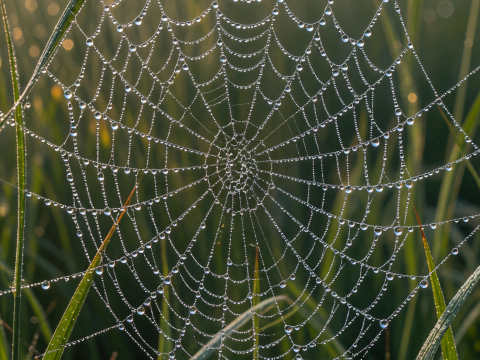Dew-Covered Spider Web in Morning Light