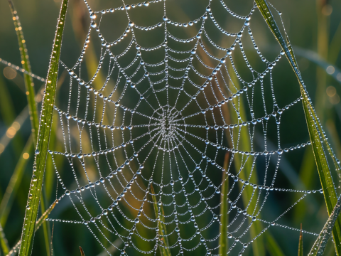 Dew-Covered Spider Web in Morning Light