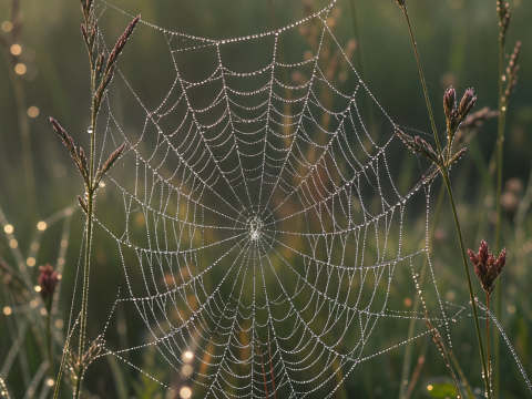 Dew-Kissed Spider Web at Dawn in a Meadow