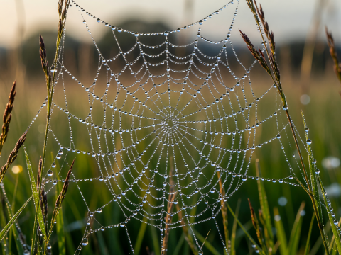 Dew-Kissed Spider Web at Dawn in a Meadow