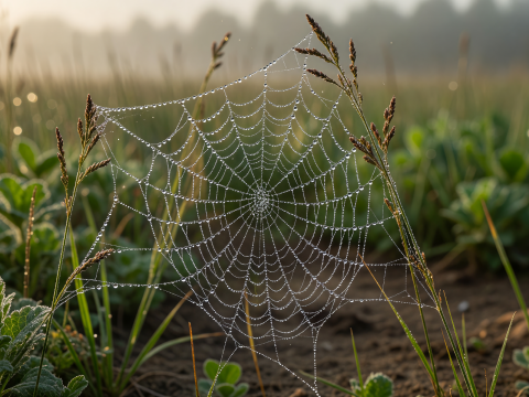 Dew-Kissed Spiderweb in Early Morning Light