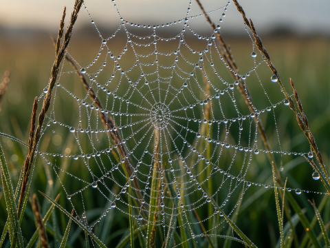 Dew-Kissed Spiderweb in Morning Grass