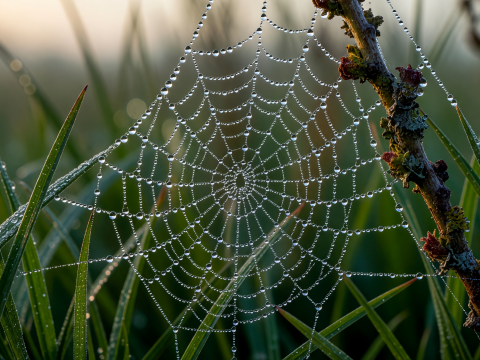 Dewdrops on a Spider Web at Dawn