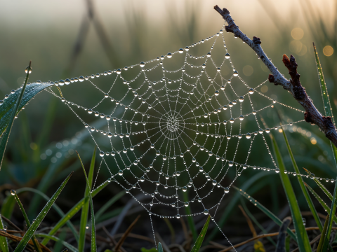 Dewdrops on a Spider Web at Dawn