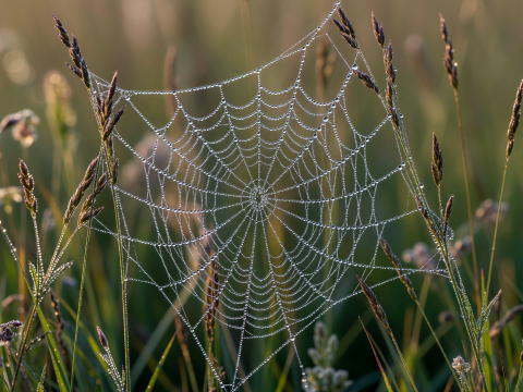 Dewdrops on a Spider Web at Dawn in a Meadow