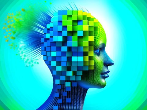 Digital Human Head Composed of Colorful Cubes