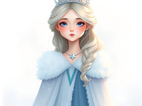 Digital Illustration of an Ice Queen with Crown and Fur Cape