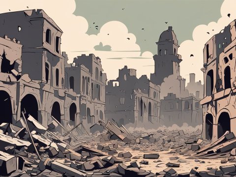 Digital Painting of a Bombed Ruined Cityscape