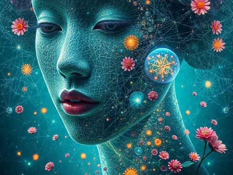 Digital Portrait of a Futuristic Woman with Floral and Cosmic Elements