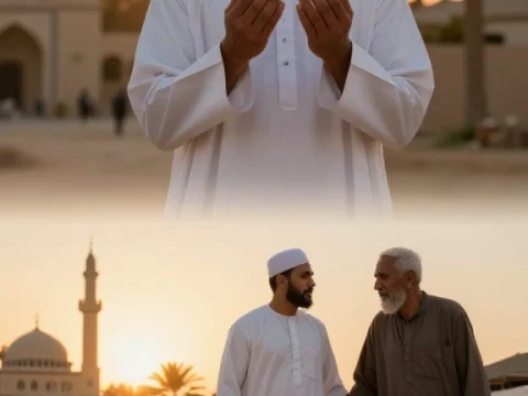 Dignified Muslim Men Praying and Walking at Sunset