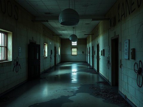 Dimly Lit Abandoned Corridor with Graffiti