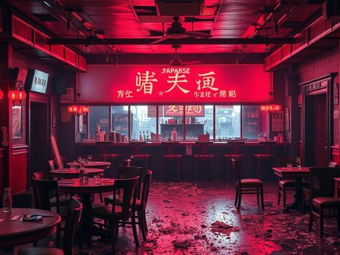 Dimly Lit Japanese Bar with Red Neon Glow