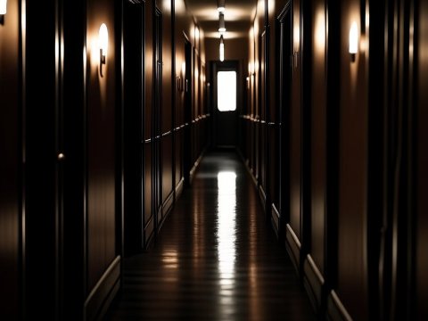 Dimly Lit Narrow Hallway with Reflective Floor