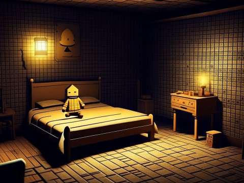 Dimly Lit Room with Toy Figure on Bed in 3D Style
