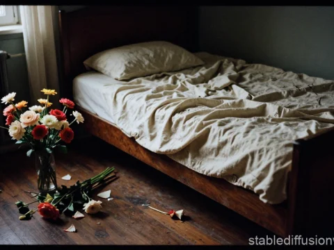 Dimly Lit Room with Unmade Bed and Scattered Flowers