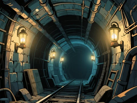 Dimly Lit Underground Tunnel with Lanterns