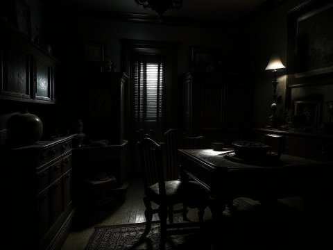 Dimly Lit Vintage Dining Room with Antique Furniture