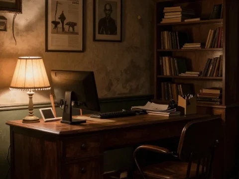 Dimly Lit Vintage Office with Wooden Desk and Bookshelf