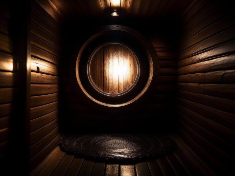 Dimly Lit Wooden Sauna Interior with Circular Window