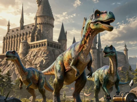 Dinosaurs Roaming Near Hogwarts Castle