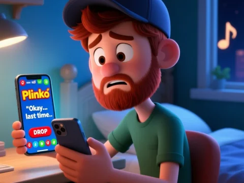 Disappointed Gamer Holding Phone with Plinko Game
