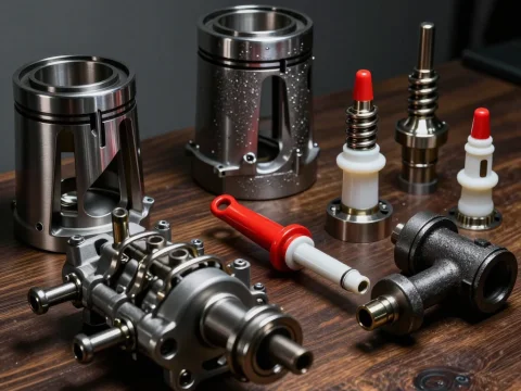 Disassembled Engine Parts on Wooden Surface