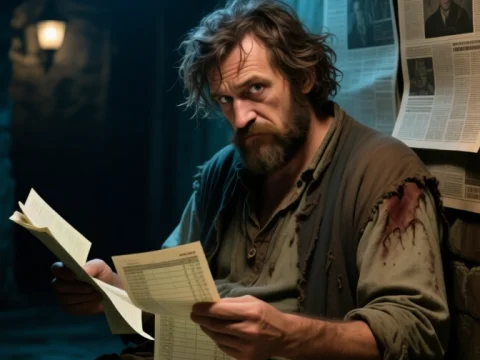 Disheveled Man Reviewing Papers in Dimly Lit Basement