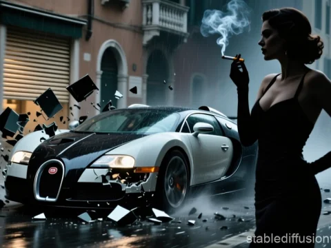 Disintegrating Bugatti Veyron with Woman Smoking in Rainy City