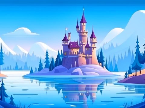 Disney-Style Castle on an Island in a Serene Mountain Lake