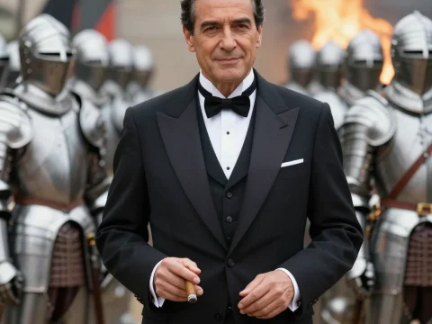 Distinguished Gentleman in Tuxedo Among Armored Knights