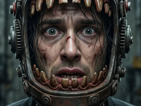 Distressed Man Wearing Mechanical Jaw Helmet