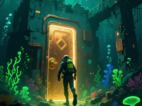 Diver Approaches Glowing Door in Underwater Ruins