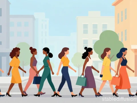 Diverse Group Walking on Busy City Street Illustration