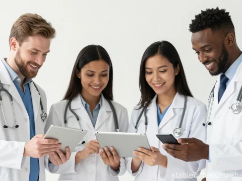 Diverse Medical Team Collaborating with Digital Devices