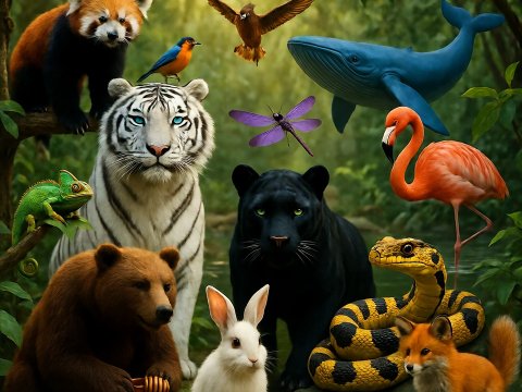 Diverse Wildlife Gathering in a Lush Forest