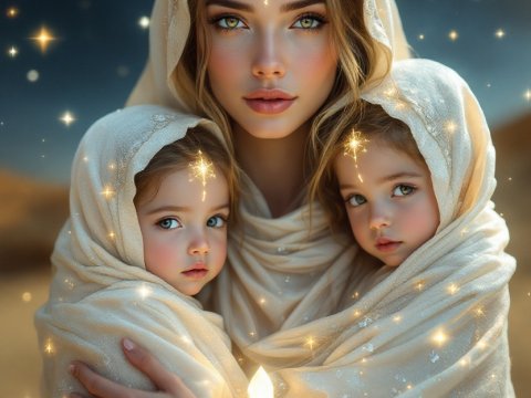 Divine Otherworldly Mother Embracing Two Children