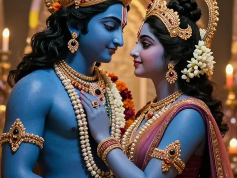 Divine Portrait of Krishna and Radha Embracing