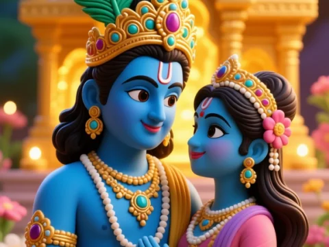 Divine Romantic Krishna and Radha in Vibrant Garden